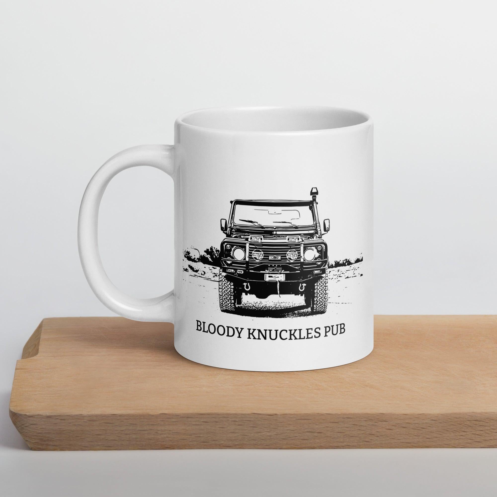 White glossy mug Bloody Knuckles Pub Defender 90
